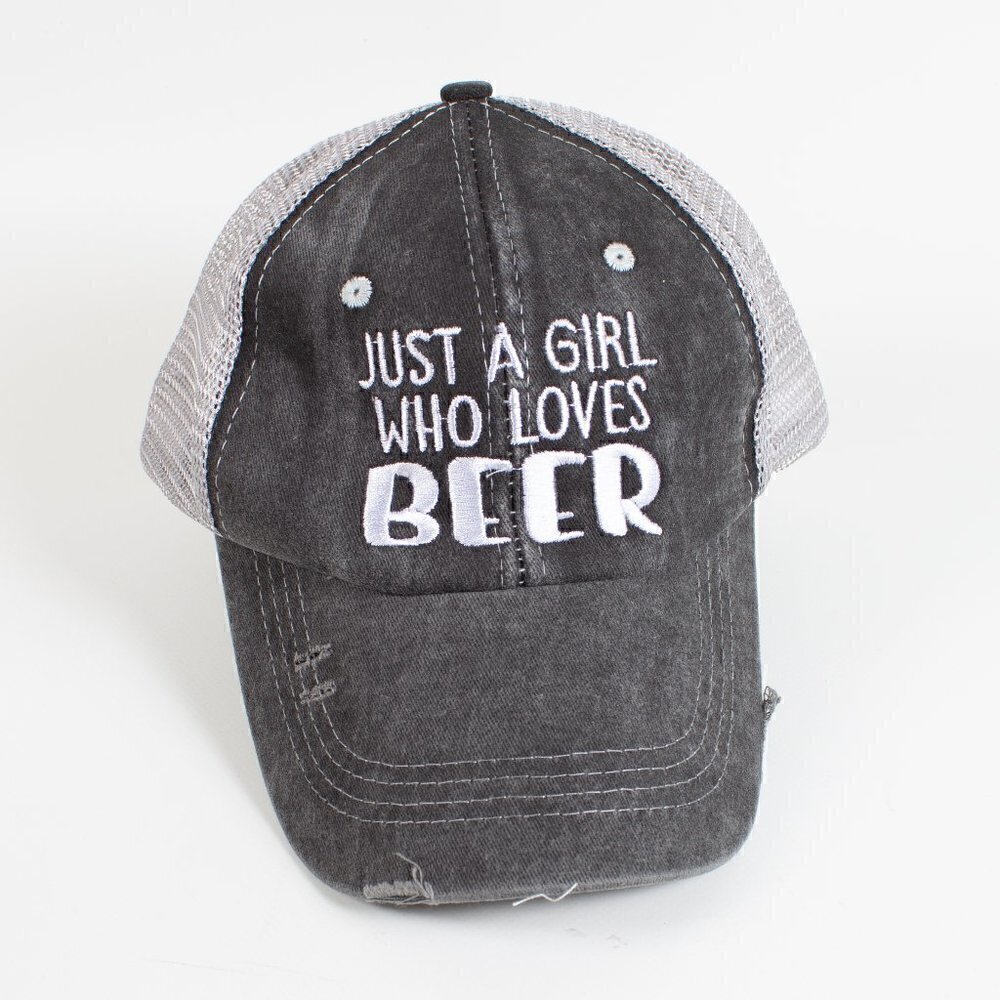 Just a Girl Who Loves Beer Distressed Trucker Hat Ponytail Cap - NEW